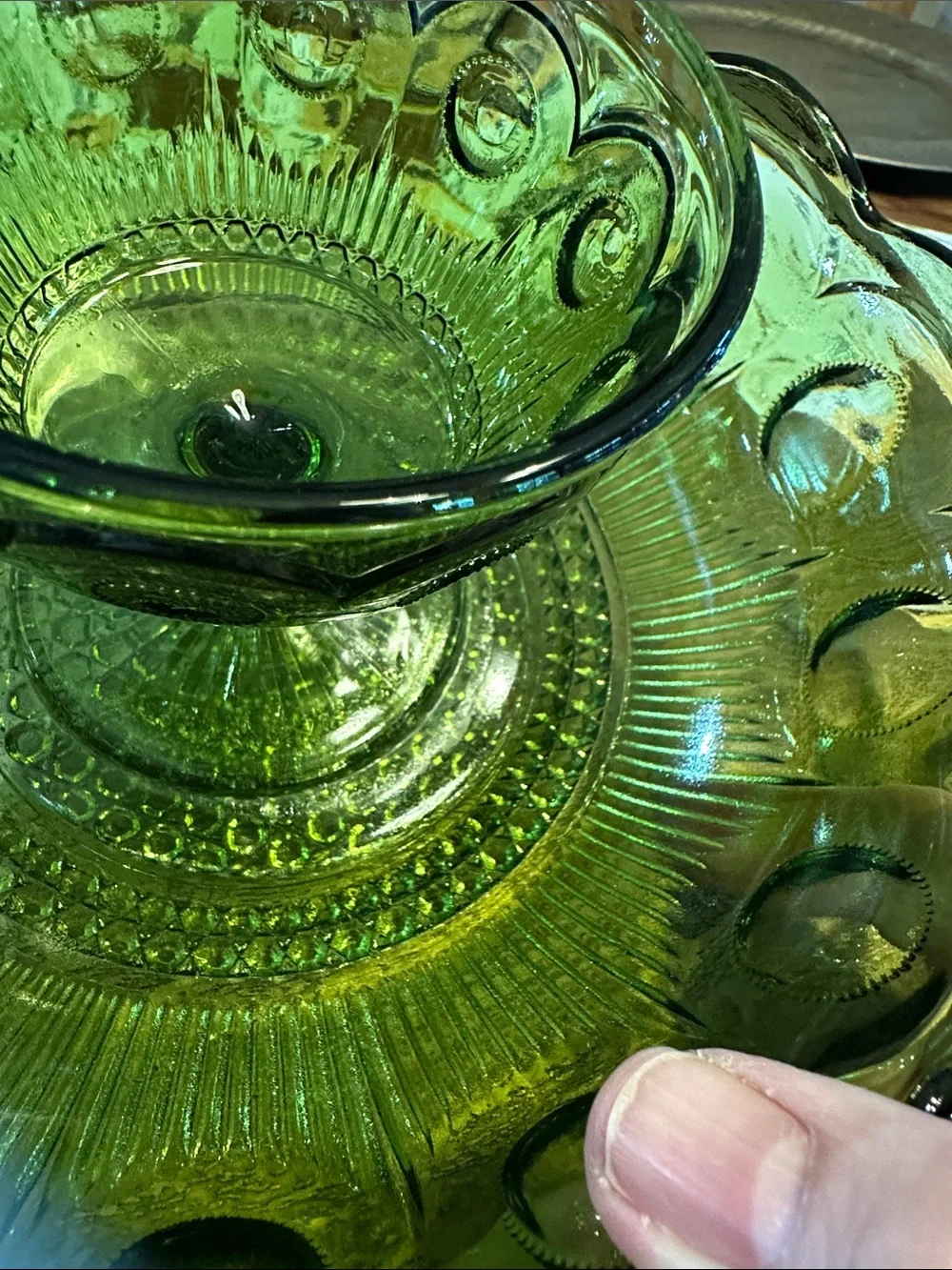 Anchor Hocking vintage thumbprint Green Glass Chip and Dip Serving Bowl